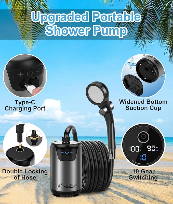 2026 Upgraded Portable Shower for Camping, Rechargeable Camping Shower with Intelligent LED Display, 10 Spray Modes, IPX7 Waterproof Outdoor Camp Pump for Hiking, Travel, Car, Pet