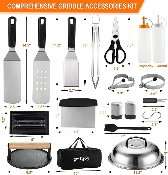 grilljoy Professional Griddle Accessories Kit Set with Smash Burger Press - Extra Thick Grill Spatula, Turner, Flipper - 38PCS Flat Top Grill Tools Kit for Outdoor Barbecue Teppanyaki Camping Cooking