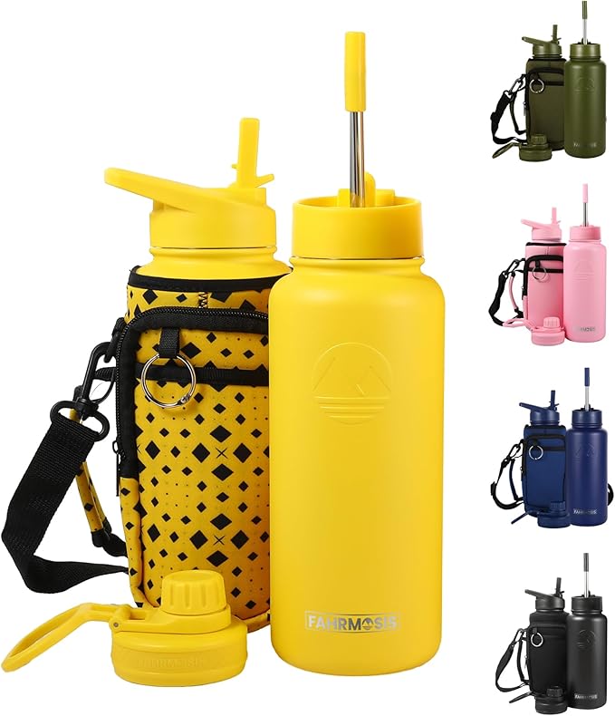 32 Oz Insulated Water Bottle with Strap Stainless Steel Sports Water Bottle with 3 Lids (Straw, Chug & Flip Lid) 1 Liter Leak Proof Insulated Metal Jug for Men & Women - Yellow