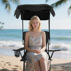 Folding Camping Chair with Canopy, Portable Outdoor Beach Chair for Fishing, BBQ, Picnic, Backyard, Lightweight Sun Shade Chair with Cup Holder, Black
