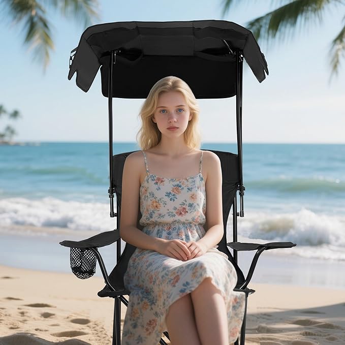 Folding Camping Chair with Canopy, Portable Outdoor Beach Chair for Fishing, BBQ, Picnic, Backyard, Lightweight Sun Shade Chair with Cup Holder, Black