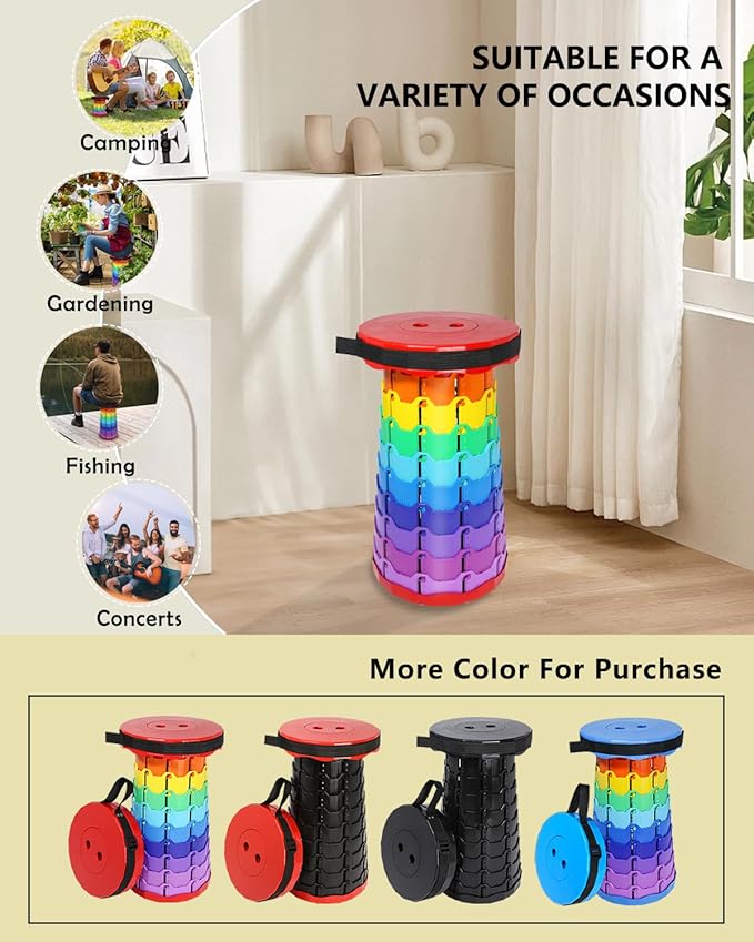 Upgraded Collapsible hickened Portable Camping Stool with Adjustable Height and Retractable for Fishing, Hiking, BBQ, Concert Party, Outdoor (Rainbow Red)