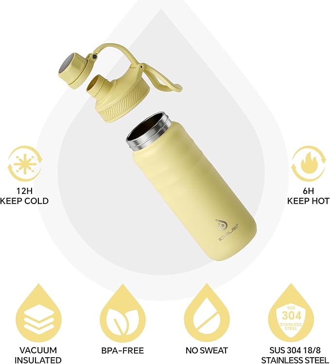 IDEUS Insulated Stainless Steel Water Bottle with 2 Leak-Proof Lids, Thermal Water Flask for Hiking Biking, 18oz, Light Yellow