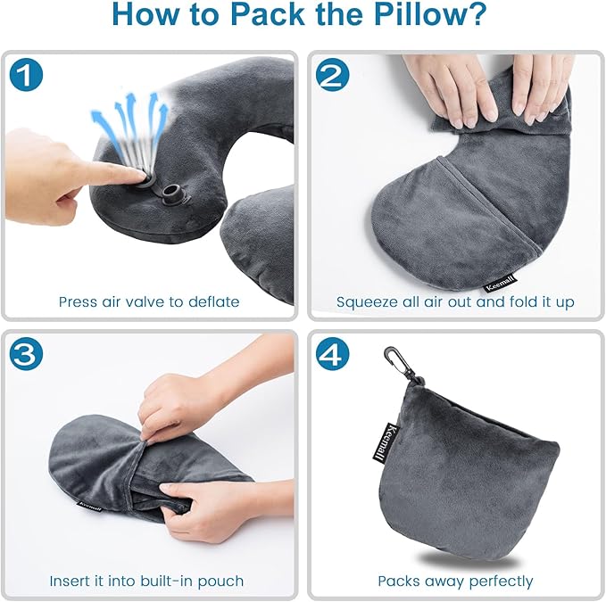 Inflatable Travel Neck Pillow, Super Soft Plane Neck Support Pillow for Travel Ariplane Sleep Support, Adjustable Neck Cushion Headrest Pillow, Folds Up Nicely, Black Grey