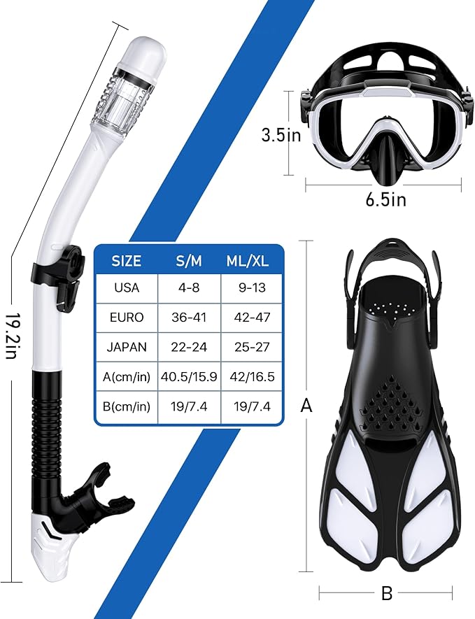 Snorkeling Gear for Adults Men Women,4 in 1 Snorkel Set with Panoramic View Diving Mask Anti-Fog Anti-Leak,Dry Top Snorkel,Fins and Travel Bag for Swimming,Snorkeling and Travel Diving
