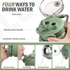 BLUEGO 84oz Water Bottle Glass with Stainless Steel Handle Large 2.5l Water Bottle with Time Markers and Silicone Sleeve Half Gallon Water Jug BPA Free for Gym Daily Use, Olive