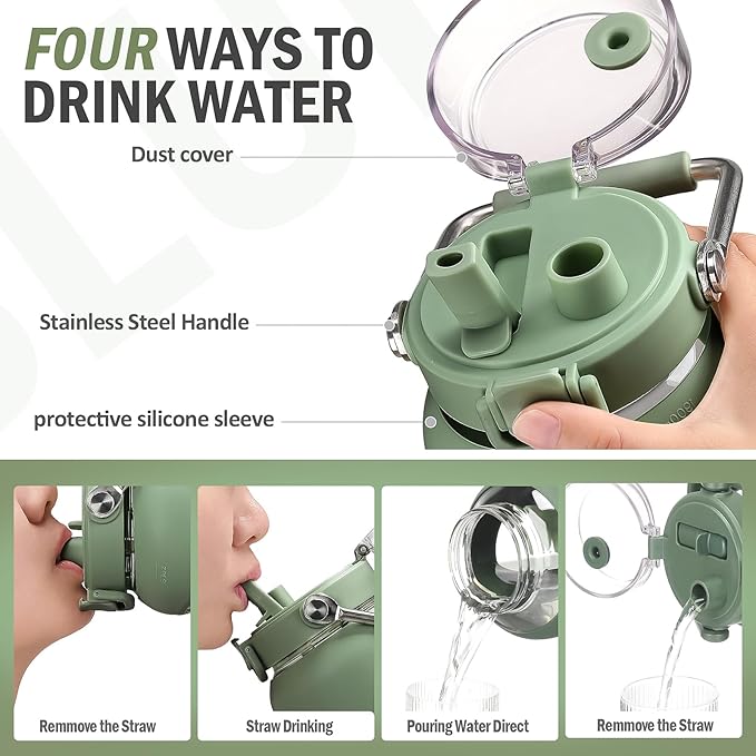 BLUEGO 84oz Water Bottle Glass with Stainless Steel Handle Large 2.5l Water Bottle with Time Markers and Silicone Sleeve Half Gallon Water Jug BPA Free for Gym Daily Use, Olive