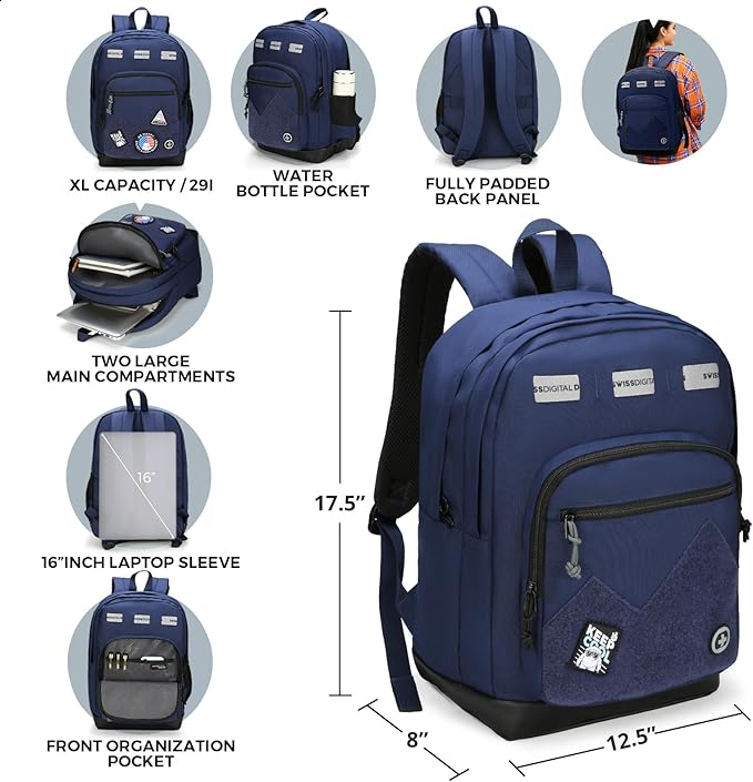 Swissdigital Design Big Student Laptop Backpack with Fun Personalized Patches For College Men & Women, Middle High School Teen Bookbag Cool Travel Daypack Blue -Includes 3 Patches | SD1718-12