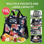 iknoe Large Cooler Bag Collapsible, 15L Insulated Bags, Leakproof Lunch Cooler Tote with Multi-Pockets for Adult, Insulated Lunch Box for Beach, Picnic,Work, Flower 24-Can
