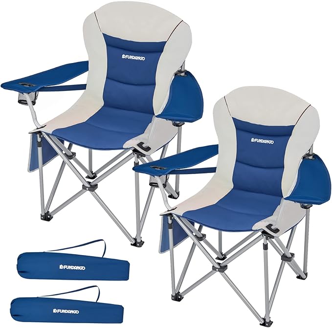 FUNDANGO 2 Packs Oversized Camping Chair with Lumbar Back Support Padded Outdoor Heavy Duty Camping Chair for Adults with Cup Holder, Armrest, Support 300 lbs