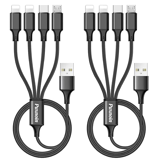 Puxnoin Multi Charging Cable, 2Pack 4FT 4 in 1 Charging Cable for Multiple Devices, Braided Universal Phone Charger Cord with Type-C, Micro USB, IP Port for iPhone16/15/14/Android Phones and More