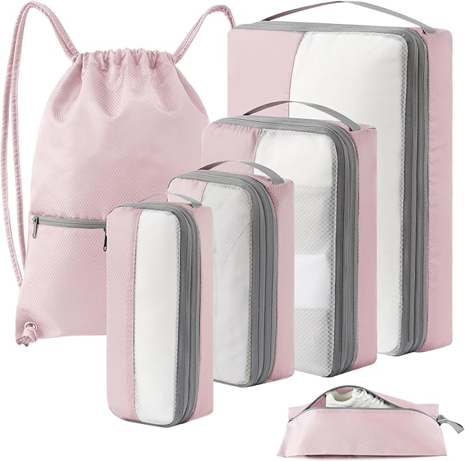 6 Set Compression Packing Cubes for Travel, Bonus Versatile Drawstring Backpack, Lightweight Luggage Organizer Bags, Sturdy Travel Accessories for Suitcase, Pink