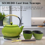 Japanese Cast Iron Tea Cups, Small and Heavy Teacups with no Handles, Japanese Style Cup for Adults, Asian Teacups, Coated with Enameled Interior, 4 Pcs/Box (Green, 3.38oz/100ml)