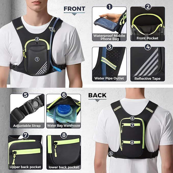 Running Hydration Vest Backpack Chest Bag with 800 ML Water Bladder, Minimalist Lightweight Running Vest for Women Men with Phone Holder, Extra Storage for Hiking Cycling Marathon