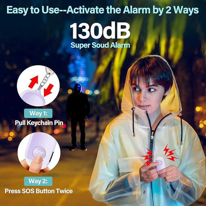 Hion Personal Safety Alarm for Women, Rechargeable 130dB Self Defense Alarm Keychain with LED Flashlight, Emergency Safe Sound Security for Children Elderly College Girls Men, Purple