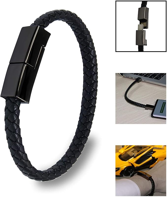 SEANADO Leather Bracelet Charger USB Charging Cable Braided Cords USB Portable Travel Charger for Mens Womens Compatible with iPhone 15 XS MAX Android Samsung (Type-c for Android, L(8'85'')