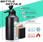 Insulated Water Bottle 64oz - w/Paracord Handle, Straw & Spout Lids, Carrier Bag, Half Gallon Sport Stainless Steel Water Flask Jug, Thermo Mug Double-wall Vacuum Water Bottle