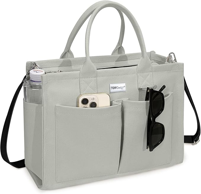TOPDesign Heavy-Duty Canvas Tote Bag for Women, Adjustable Crossbody/Shoulder Handbag with 9 Pockets, Everything Tote