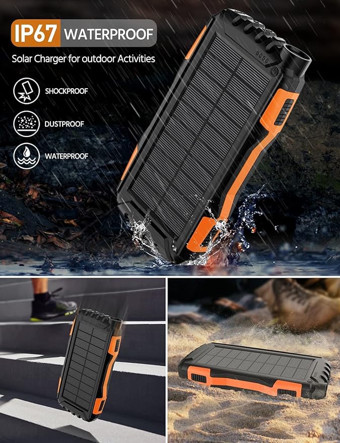 Solar Charger, Power Bank, 42800mAh Portable Charger Power Bank External Battery Pack 5V3.1A Qc 3.0 Fast Charger Built-in Super Bright Flashlight (Orange)