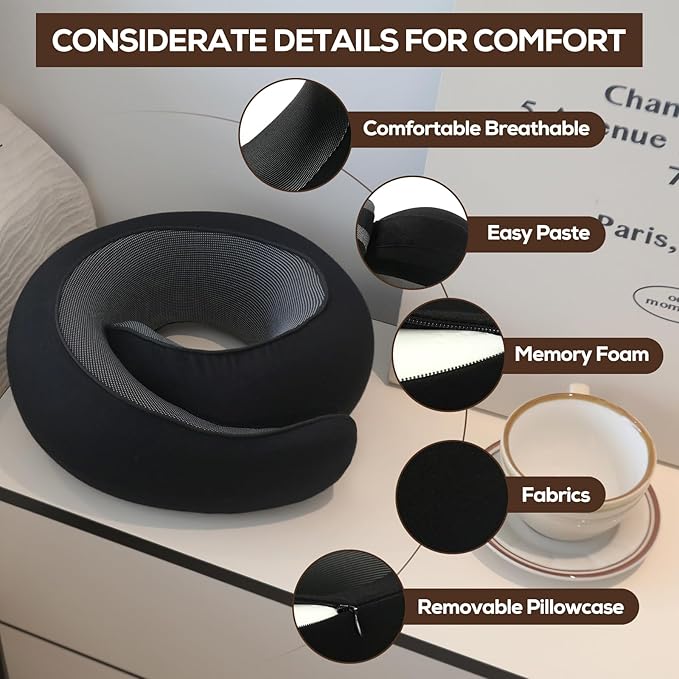 Travel Pillow uses Memory Foam to Support Neck Comfort, car Travel, Compact,Airplane Sleep Pillow Black