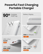 Fast Charging Power Bank with AC Wall Plug, USB C Portable Charger 10500mAh 22.5W with Built in Cables, 4 Outputs 3 Inputs LED Display External Battery Pack Compatible with iPhone/Android (White)