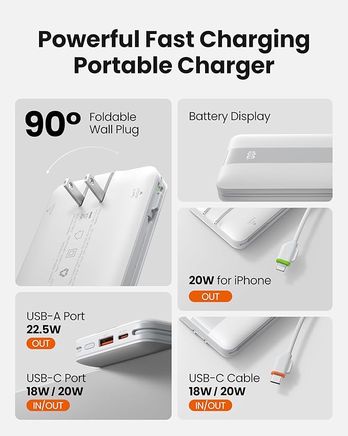 Fast Charging Power Bank with AC Wall Plug, USB C Portable Charger 10500mAh 22.5W with Built in Cables, 4 Outputs 3 Inputs LED Display External Battery Pack Compatible with iPhone/Android (White)