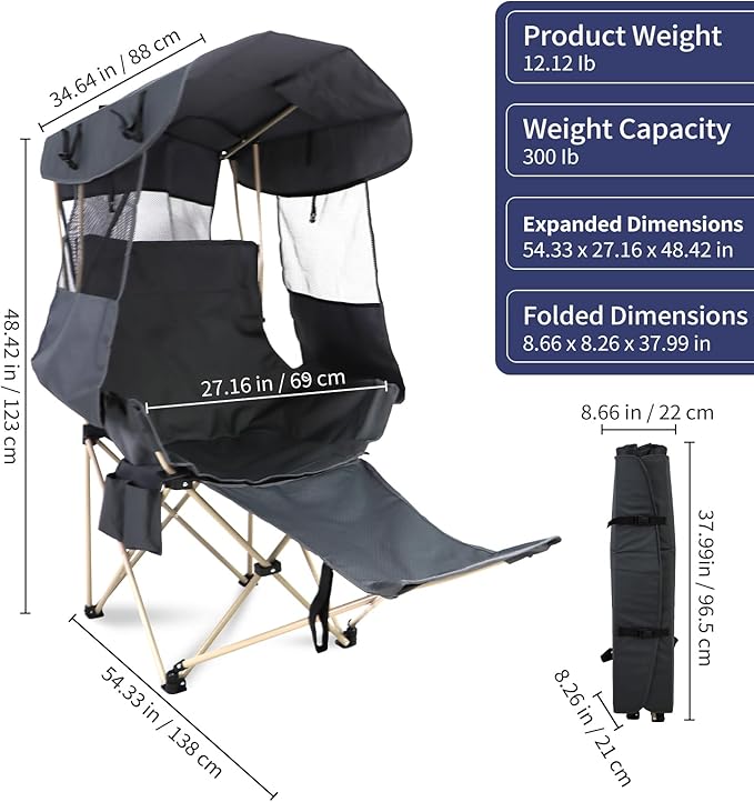 Folding Camping Chairs Canopy Outdoor: Sports Portable Beach Chair with Canopy-Lawn Beach Chairs with Umbrella for Adults-Camping Chair with Shade for Fishing Camp Heavy Duty (Casual, Grey)
