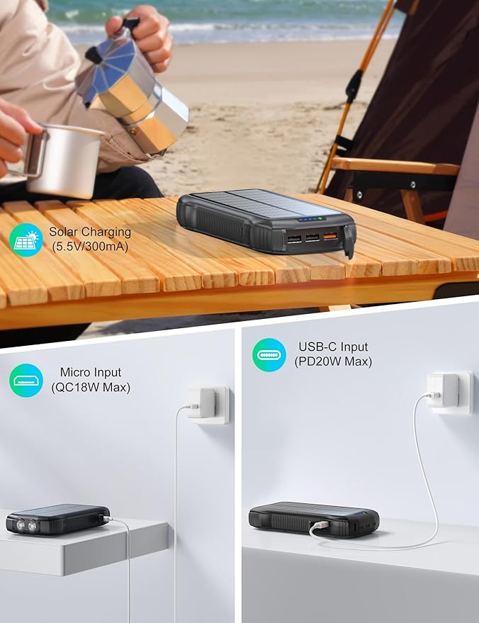 Solar Charger Power Bank, 40000mAh Wireless Portable Charger QC3.0 PD 20W Fast Charging with USB-C in/Output, External Battery Pack with Dual Flashlights Hiking Camping Essential