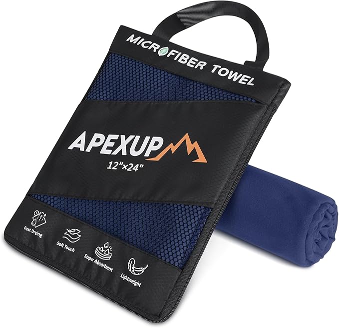APEXUP Microfiber Travel Towel, Ultra Absorbent Quick Dry Towels, Lightweight Gym Sports Camping Towel for Workout, Yoga, Beach, Shower, Swimming (24"×12", Navy Blue)
