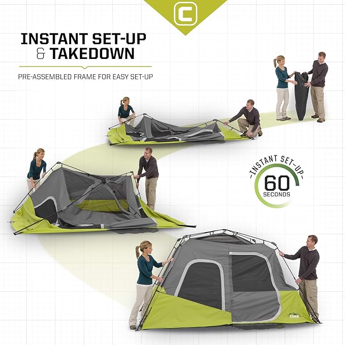 CORE Instant Cabin Tents | 6 Person / 9 Person / 10 Person / 12 Person Family Cabin Multi Room Pop Up Tents Car Camping | Included Storage Pockets for Camping Accessories