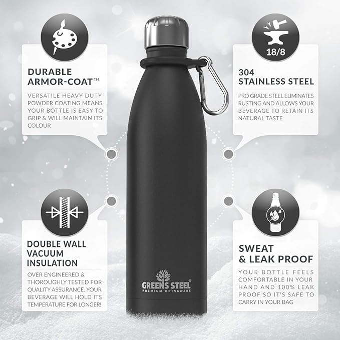 Greens Steel Stainless Steel Water Bottle - 17 oz, Black | Vacuum Insulated Double Wall with Screw Lid/Leak Proof | Thermal Travel Sports Canteen Coffee Flask