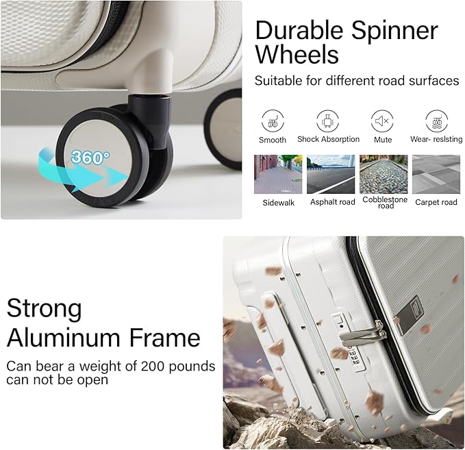 Hanke 26 Inch Large Luggage Suitcase Top Opening Aluminum Frame Travel Luggage Hard Shell Suitcases with Wheels for Woman Men.(Ivory white)