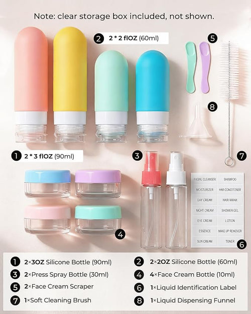 17 Pack Travel Bottles for Toiletries, TSA Approved Leak Proof Silicone Travel Containers for Toiletries with Label-Dopamine Color