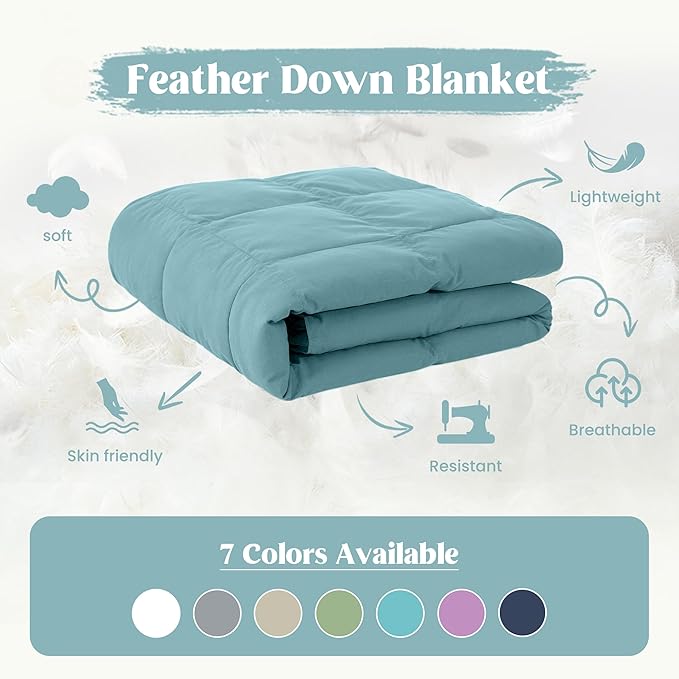 puredown® Queen Size Blanket for Bed, Ultra Soft Lightweight Down & Feather Fill, All Season Blanket, Machine Washable, 88"X90", Sea Blue