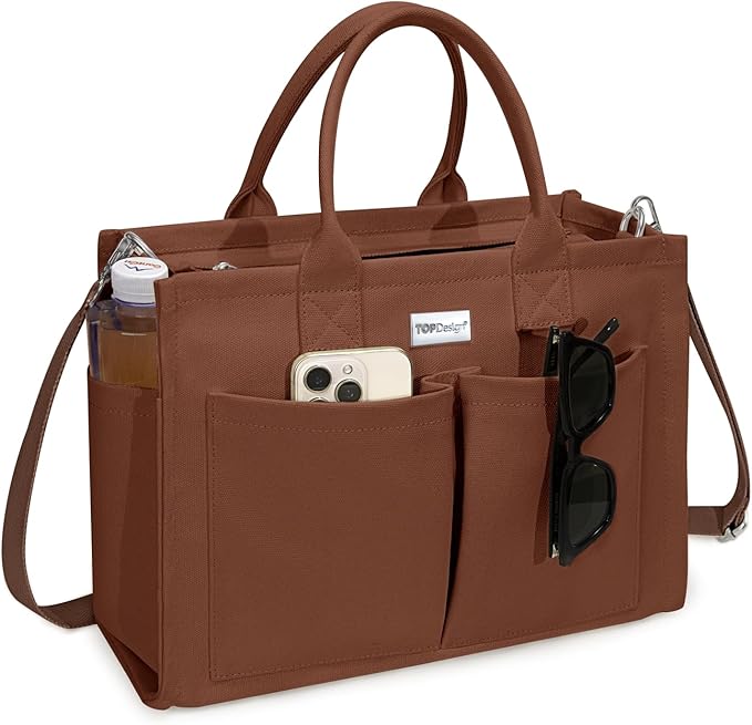 TOPDesign Heavy-Duty Canvas Tote Bag for Women, Adjustable Crossbody/Shoulder Handbag with 9 Pockets, Everything Tote