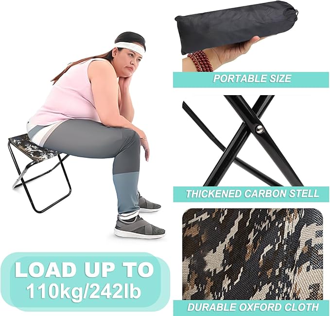 Camping Stool,2-Pack Portable Folding Stool with Carry Bag, 12in Portable Folding Chair Collapsible Camp Stool Outdoor Footstool for Travel Walking Hiking Fishing Picnic (DZICamo(2-Pack))