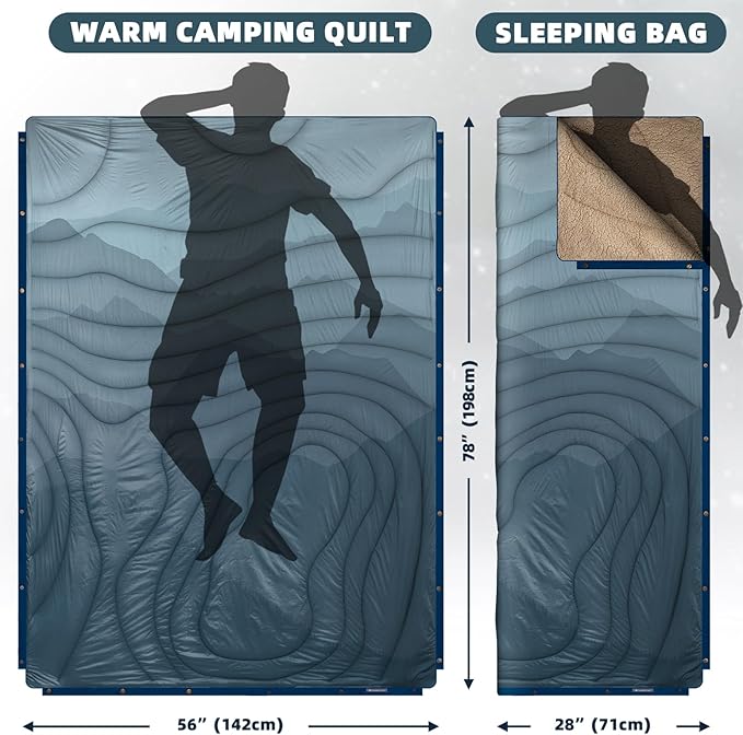 Outdoor Camping Blanket with Sherpa Lining, Extra Warm Thick Camp Blankets and Puffy Ultralight Soft Poncho DWR Camping Quilt for Cold Weather, Adventure, Sleeping, Backpacking 78"x 56"