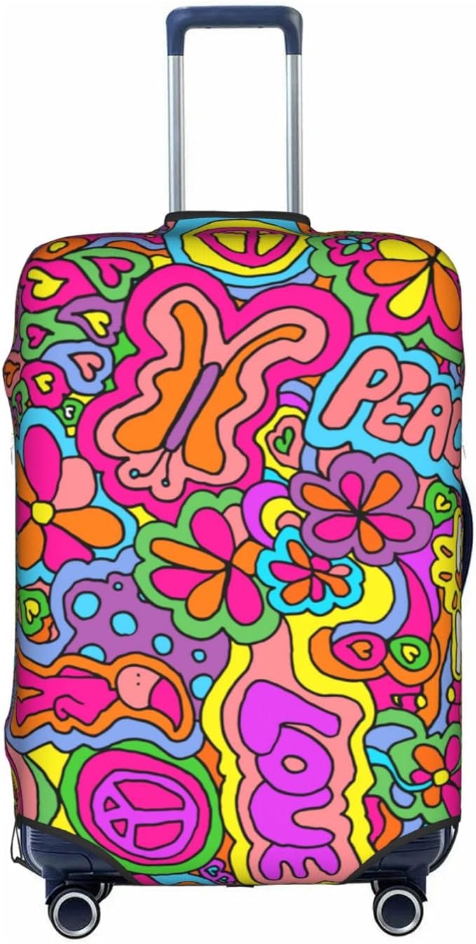 Travel Luggage Cover Suitcase Protector, Peace Sign Psychedelics Trippy Washable Elastic Stretch Anti-scratch Travel Suitcase Sleeve with Concealed Zipper for Wheeled Suitcase Fits 22-24 Inch Luggage