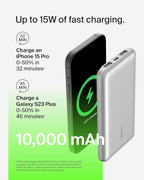Belkin Portable Charger, USB-C Power Bank 10000 mAh w/ 1xUSB-C Port & 2xUSB-A Ports, 15W w/Type-C to Type-A Cable for iPhone 17, Samsung Galaxy S25, Nintendo Switch 2, Google Pixel 10, etc. - Silver