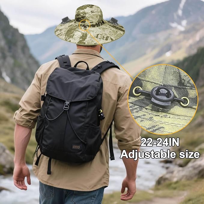 Outdoor Wide Brim Sun Hat with 2 Solar Fan for Men Women UPF50+ Outdoor Hiking Sun Protection Bucket Fishing&Cycling Hat