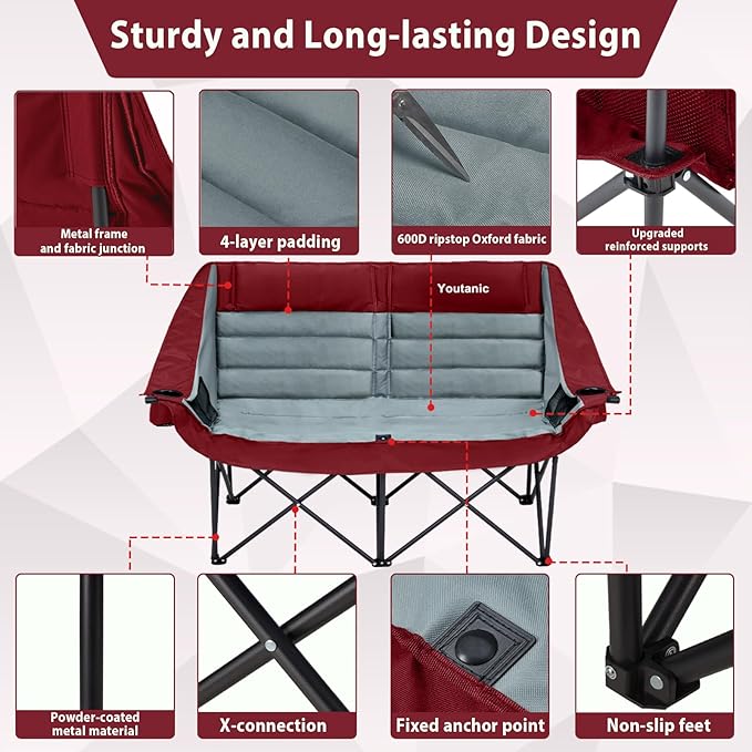 Oversized Camping Chair, Double Folding Loveseat Camping Couch with Pocket, Cup Holder and Carry Bag, Heavy Duty Portable Camping Chairs for Adults, Fishing, Sports, Trip, up to 660lbs, Red