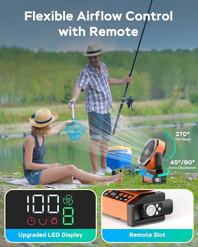 Camping Fan with Light, 20000mAh Rechargeable Battery Operated Fan, 112H Max Cooling Time, 8 Speeds, Digital Display, Remote Control, 270°Pivot with Hook for Tent Car RV Power Outage Hurricane