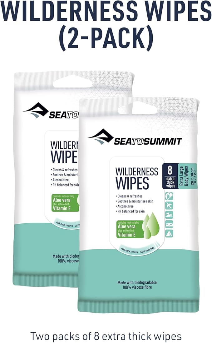 Sea to Summit XL Wilderness Wipes Rinse-Free Body Wipes, 2-Pack (8 Wipes per Pack)