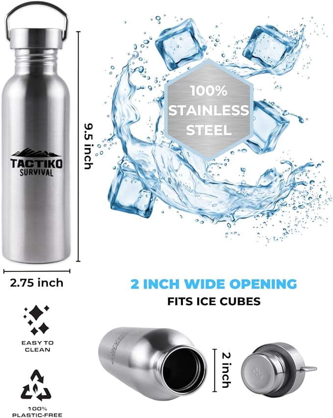 Tactiko Survival Stainless Steel Wide Mouth Water Bottle, Single Wall Boil-Safe, Leakproof, BPA-Free with Carry Sleeve and Strap for Camping, Hiking, Outdoor Prep (Black, 25 oz / 750 ml)