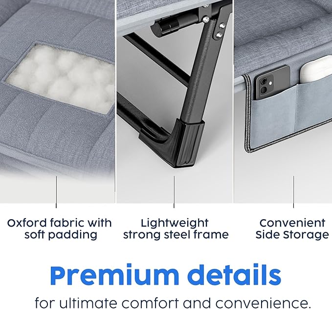 Chaise Lounge Chair, Folding Cot, 6-Angle Adjustable Camping Cot with Mattress for Patio and Beach, Foldable Bed Portable Heavy Duty Lay Flat Reclining with Pillow (Gray, M - 70'')