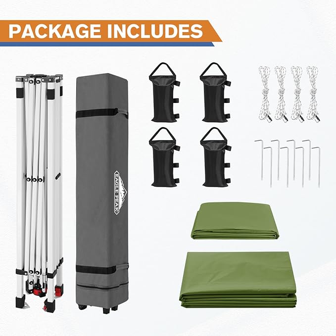 EAGLE PEAK Pop Up Canopy Tent with 1 Sidewall, Easy Setup Event Tent, Outdoor Sun Shade, Wheeled Carry Bag, Stakes and Guy Ropes, Instant Canopy 10x10, Grass Green