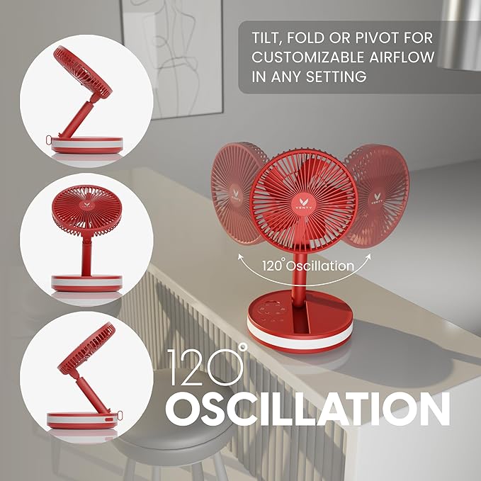 VENTY Portable Fan - Wireless Battery Operated Fan - 4 Speeds - LED Lighting - Carry Case & Remote Control - Cruise Travel - Outdoor Travel RV Power Bank With USB-C Port (Red with Case)