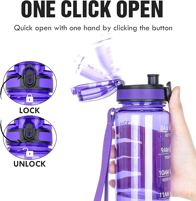 OLDLEY Water Bottle, 32oz Motivational Sports Water Bottle with Time Marker - Times to Drink - Tritan, BPA Free, Wide Mouth Leakproof, Deep Purple (1 Bottle)