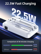 RORRY Portable Charger Built in Cables, AC Wall Plug In Portable Charger Power Bank 10000mAh Travel Battery Pack 22.5W Fast Charging for iPhone 17/16/15 Samsung Galaxy S25/S24/S23 Pixel LG iPad, White
