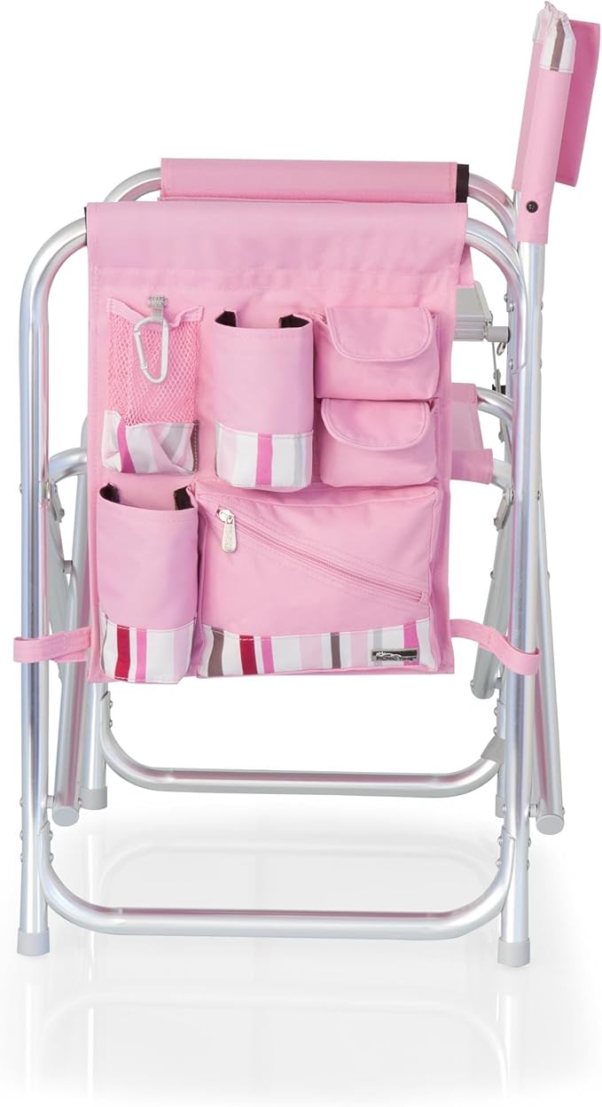 PICNIC TIME Sports Chair with Side Table, Outdoor Foldable Padded Adult Camping Chairs with Cup and Accessory Panel for Lawn, Beach, & Sports Use for Adults, 300-lbs Capacity, (Pink Stripe Accents)